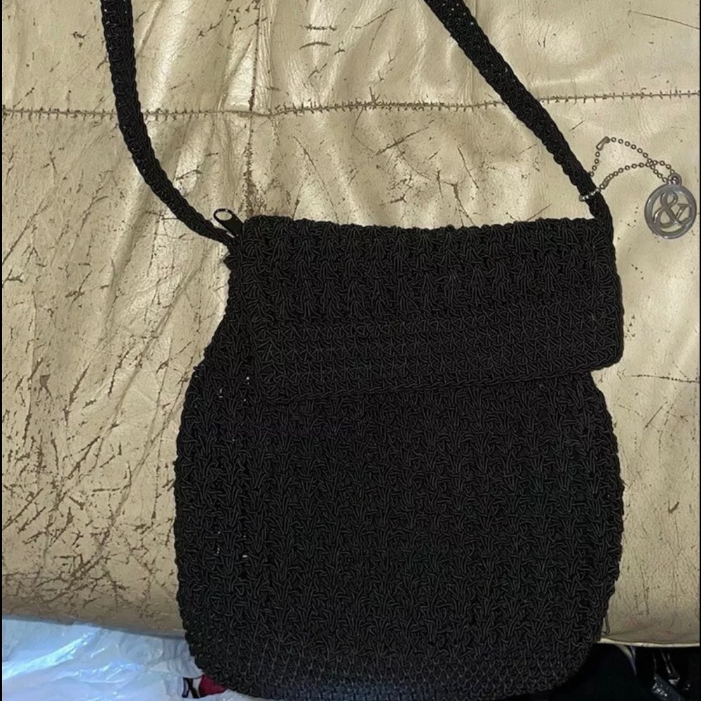 Small black crochet sack bag! Long strap! EUC!